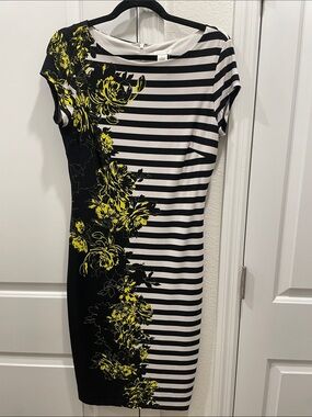 Cache Black, White & Yellow Striped Floral Midi Dress